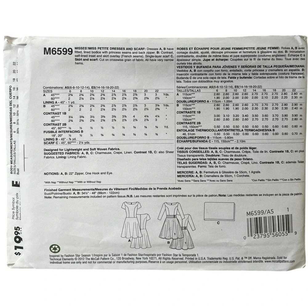McCALL'S M6599 Petite Misses' Dresses Scarf Sewing Pattern‎ Size 6-14